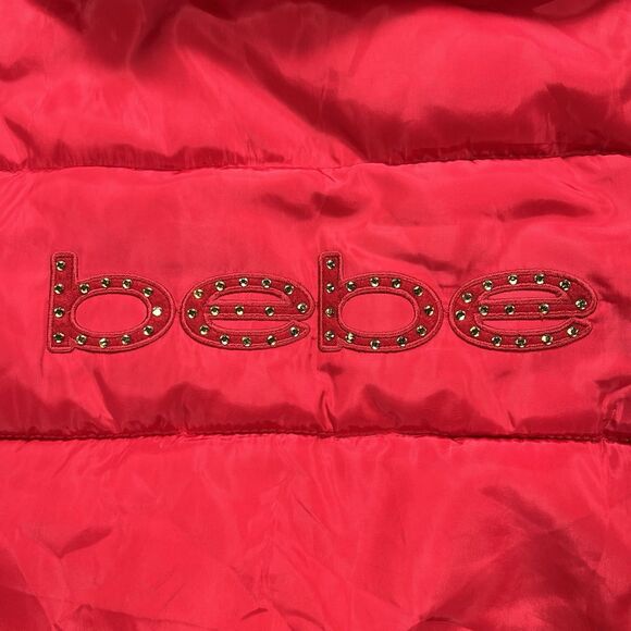 Bebe Red Puffer Jacket Women’s XL Faux Fur Hood Y2K Glam Streetwear Winter Coat - Picture 9 of 13